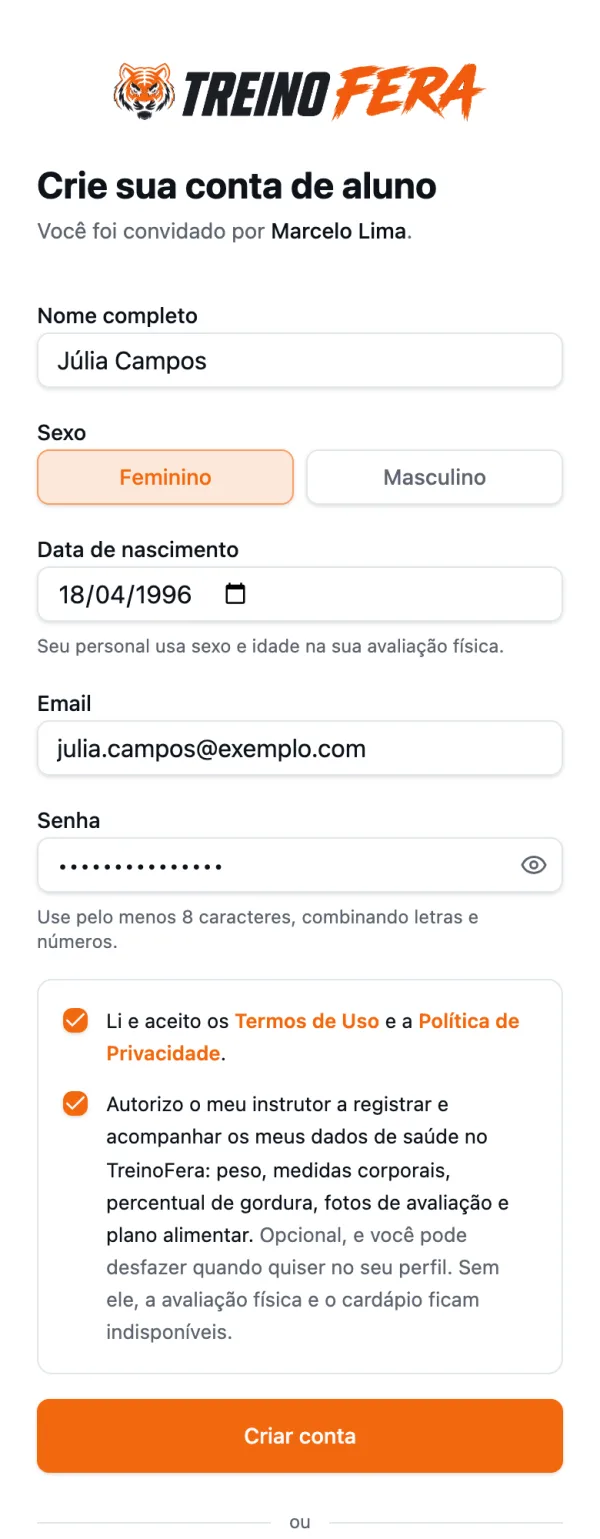 Tela “Crie sua conta de aluno”