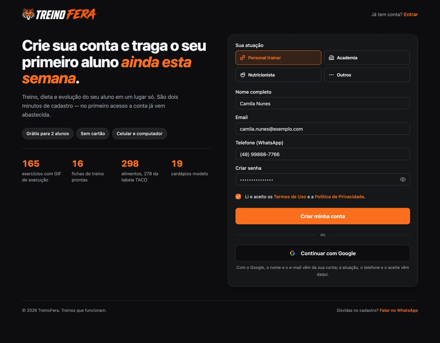 Tela de cadastro do personal preenchida
